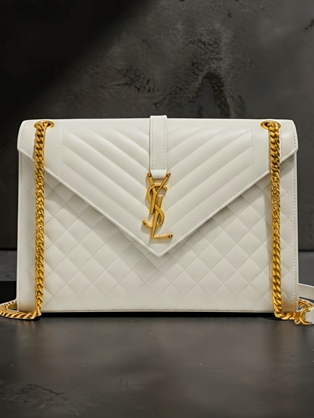 Saint Laurent Large Envelope Triquilt in Grained ivory Leather Gold Hardware